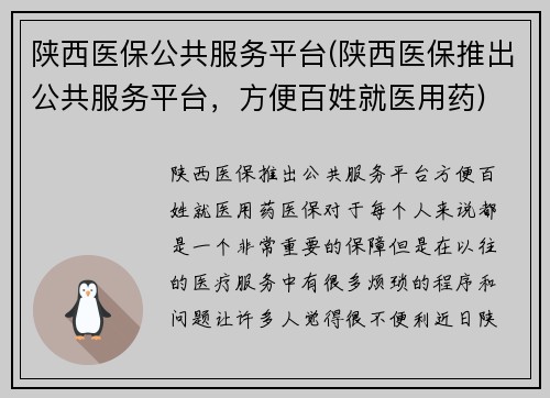 陕西医保公共服务平台(陕西医保推出公共服务平台，方便百姓就医用药)
